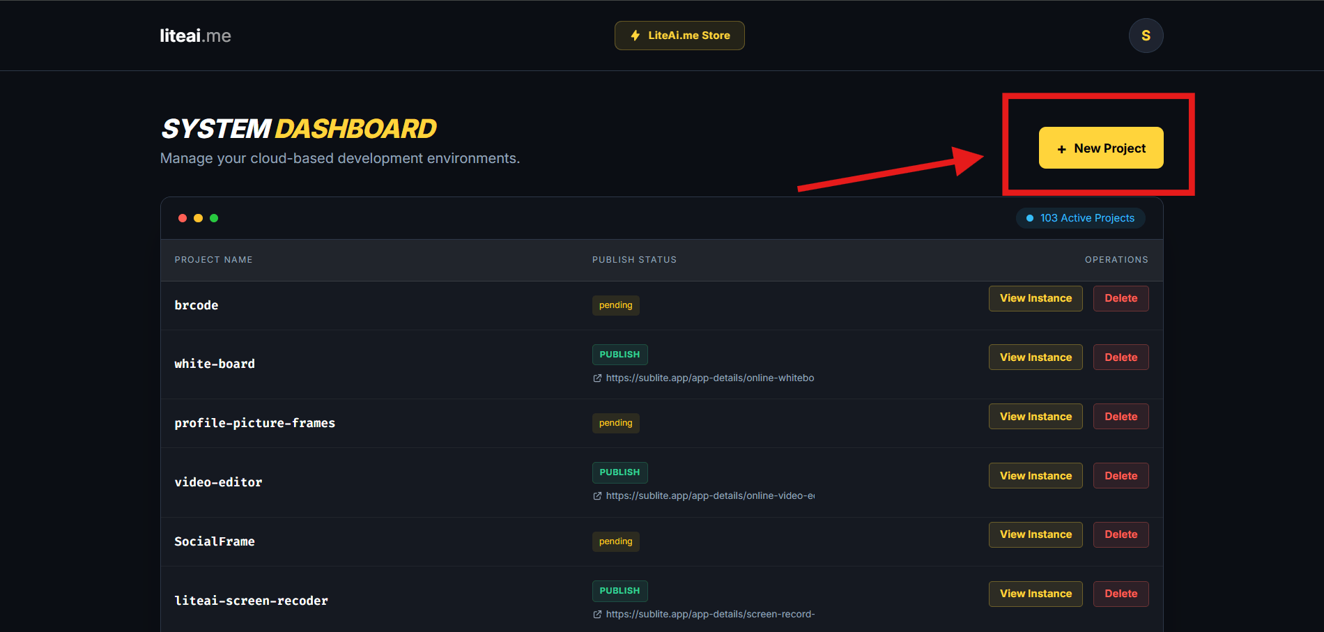 Click New Project on System Dashboard
