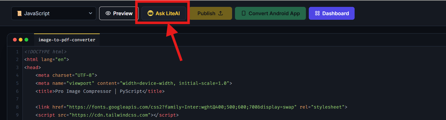 Ask LiteAI AI Coding Assistant Button