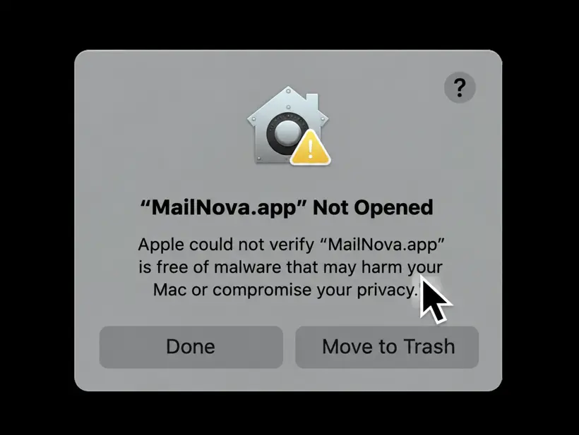 macOS dialog saying the app was Not Opened because Apple could not verify it is free of malware, with Done and Move to Trash buttons