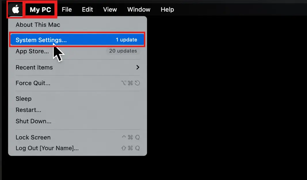 Apple menu in the macOS menu bar with System Settings highlighted