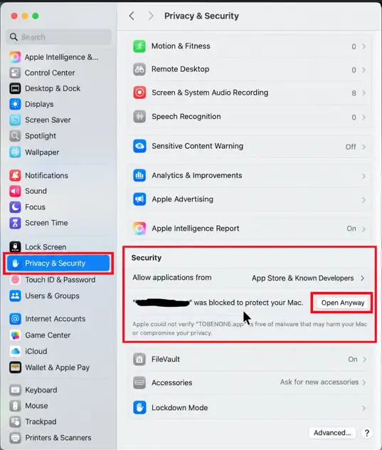 System Settings Privacy and Security page showing the blocked app message and the Open Anyway button