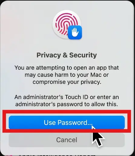 Privacy and Security prompt asking for Touch ID or administrator password with Use Password button